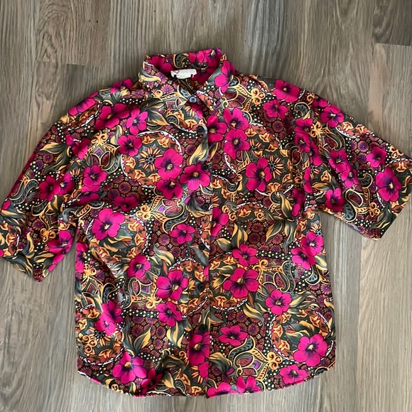 Vintage Boomerang bright floral printed short sleeve button down shirt - Picture 1 of 6